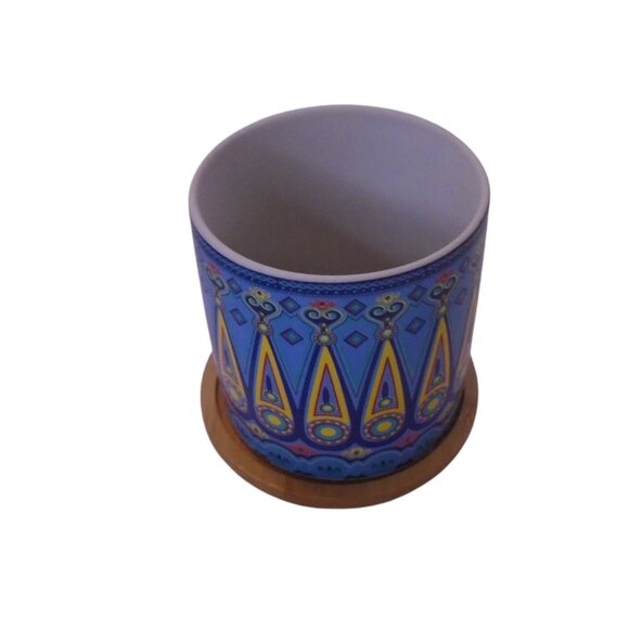 Succulent Pots 3 inch Mandala Boho Blue Ceramic with Bamboo Trays 2 Pcs Set - Picture 4 of 8
